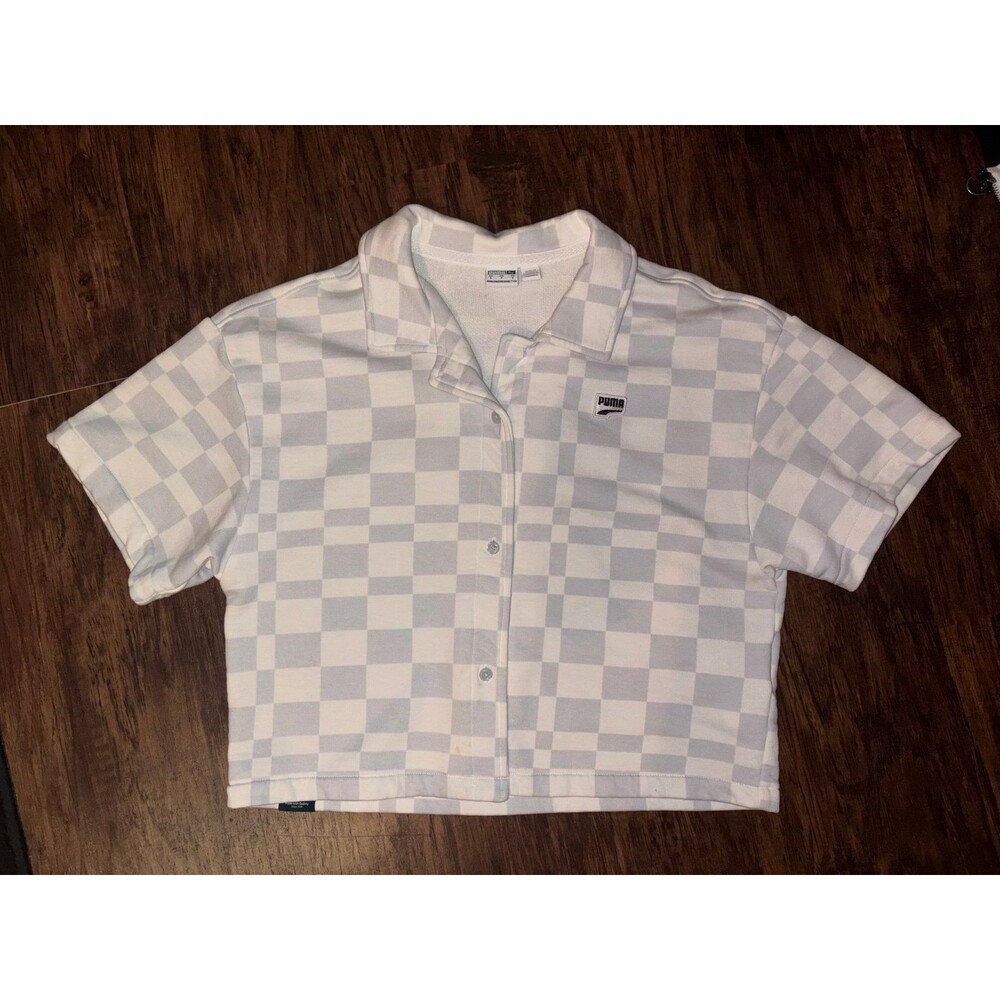 Puma Checkerboard Collared Button-Up Cropped Shirt